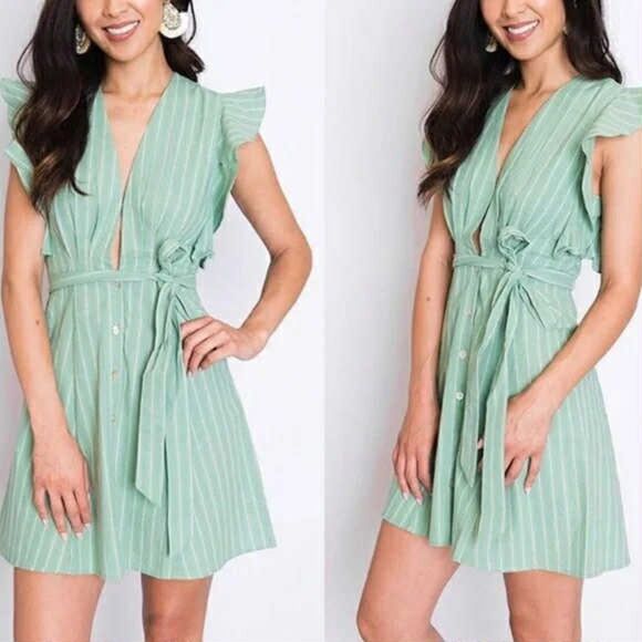 Storia 100% Cotton Green Striped Button Front Ruffle Sleeve Mini Dress, S - Picture 1 of 5